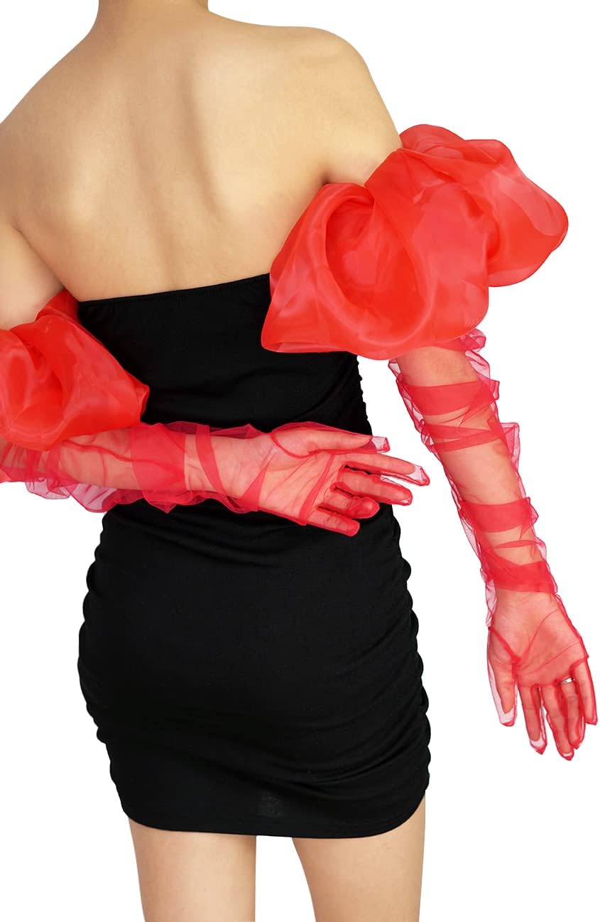 Super Puff Women's Sheer Long Oversize Tulle Mesh Gloves for Cocktail Opera Party with Puff Sleeve