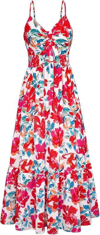 GRACE KARIN Women's 2025 Summer Maxi Dress Floral Tie Front Spaghetti Strap Casual Boho Beach Flowy Sundress with Pockets