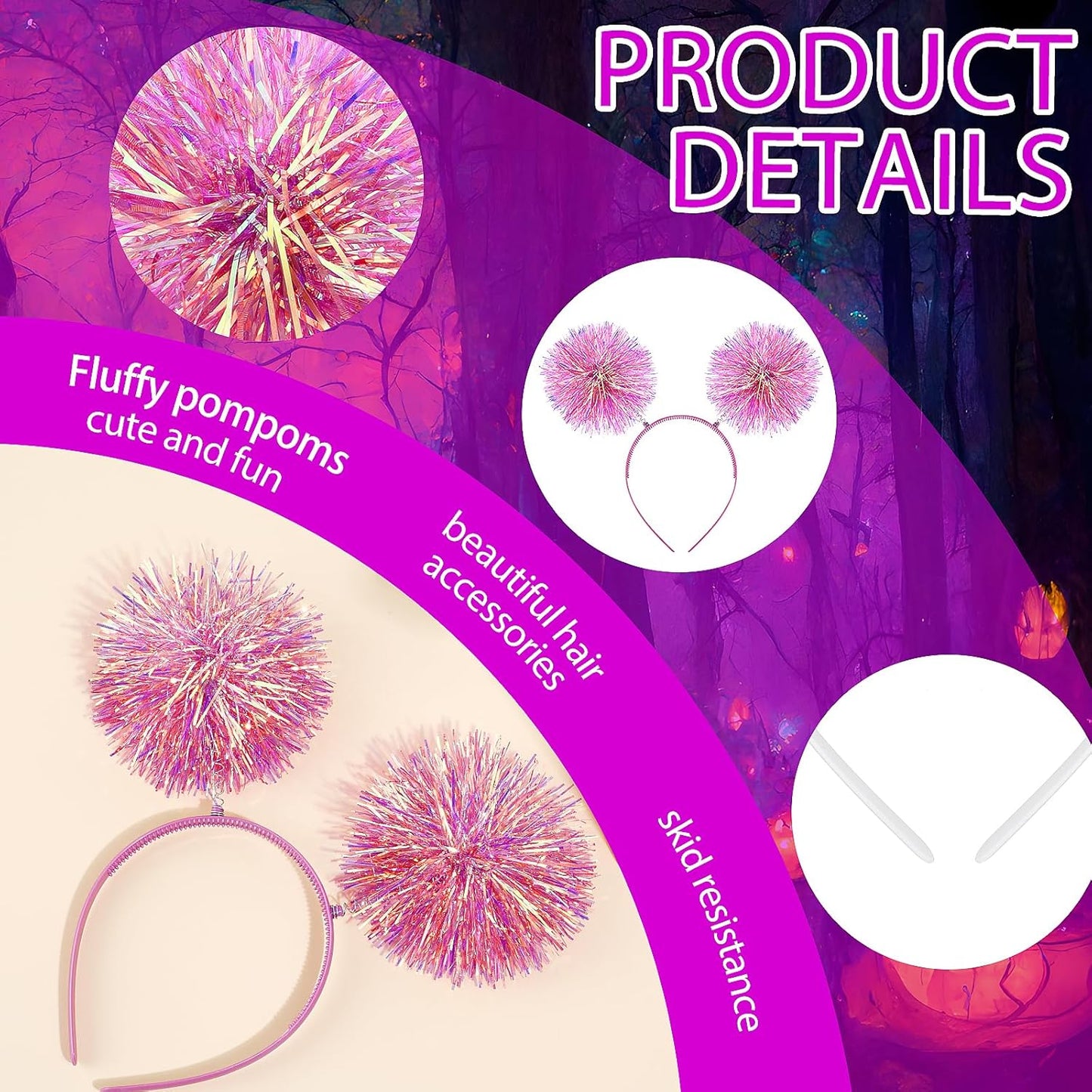 Foil Strips Pom Pom Headband Tinsel Fashion Headband Fluffy Ball Hair Loop Cosplay Hair Accessory for Women Girl Party