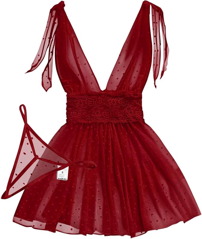 Lilosy Sexy Polka Dots Mesh Sheer Lace Babydoll Chemise Lingerie Set Floral Lace Sleep Wear