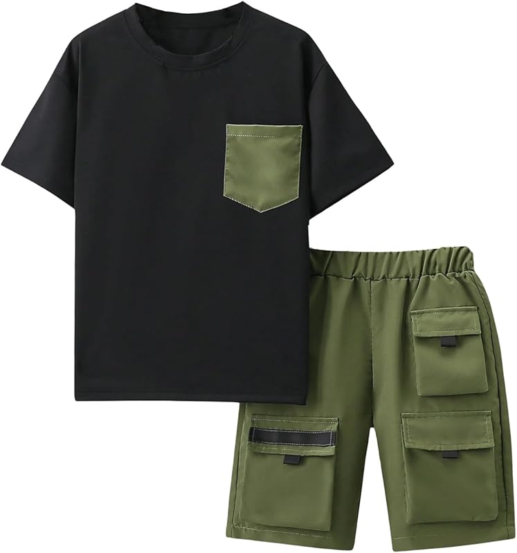 GORGLITTER Boy's Summer Outfits Letter Print Short Sleeve T Shirts Elastic Waist Track Shorts 2 Piece Clothing Set