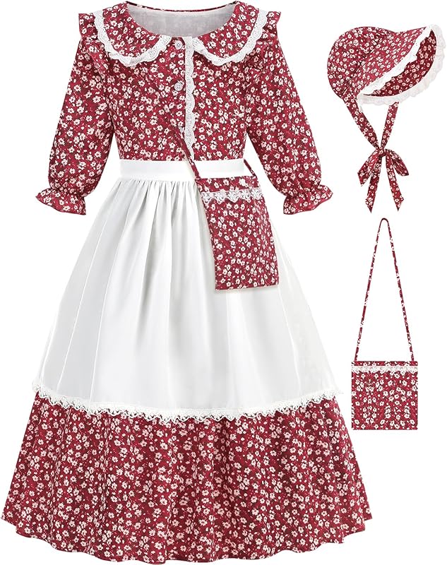 Girls Pioneer Costume Floral Colonial Prairie Dress for Little Kids with Apron and Bonnet