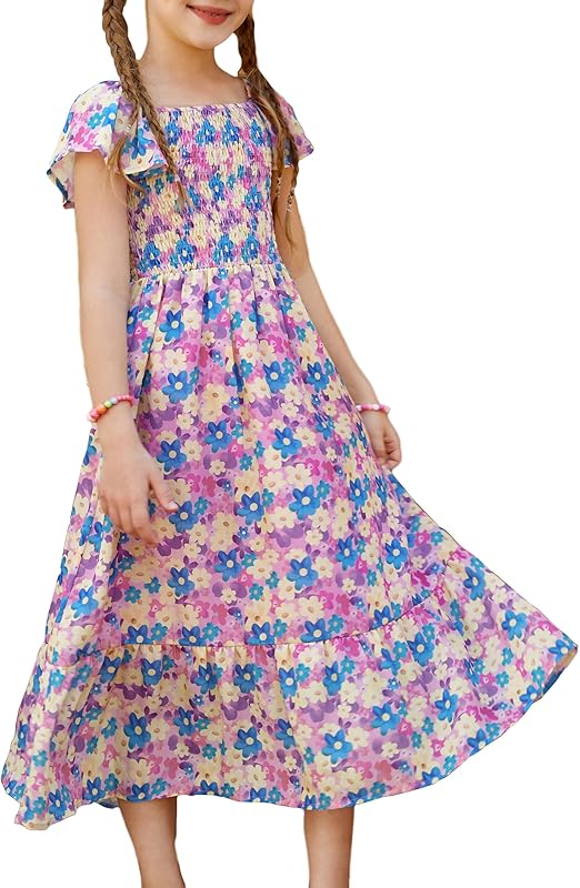 GRACE KARIN Girls Floral Dress Flutter Sleeve Square Neck Tiered Midi Dress Smocked Flared A-line Dress 5-14Y