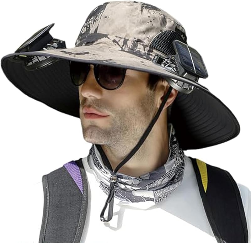 Outdoor Wide Brim Sun Hat with 2 Solar Fan - 2025 Sun Bucket Hat for Men Women, UPF 50+ Bucket Fishing Beach Hat Fan Built in