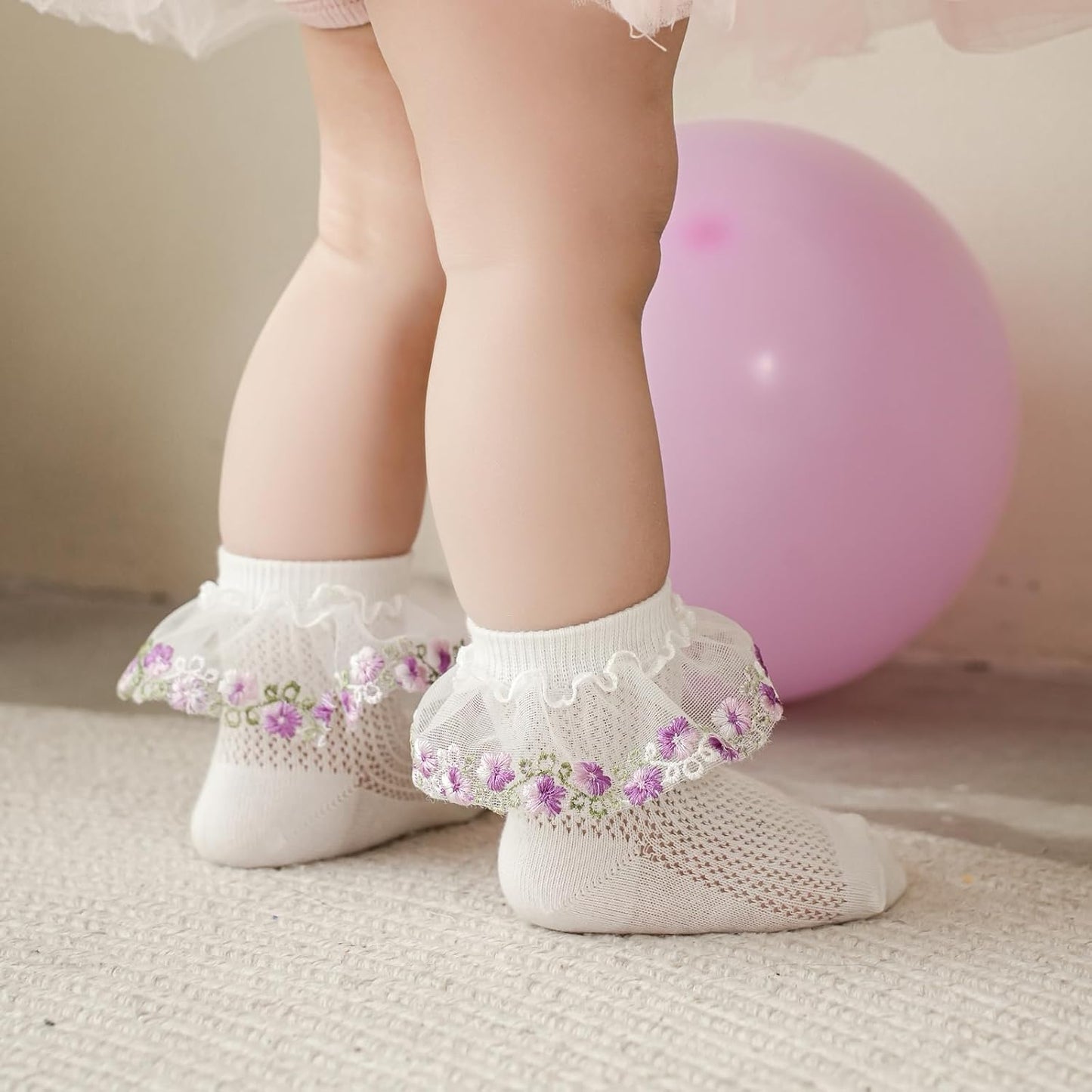 Looching Baby Infant Cute Lace Ankle Socks with Embroidered Flowers Toddler Eyelet Floral Socks 4 Pack