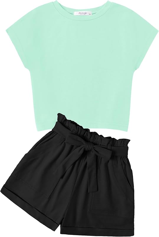 Arshiner Girls 2 Piece Outfit Summer Drop Shoulder Batwing Sleeve Tops and Paperbag Waist Shorts Set Cute Clothing Size 6-14