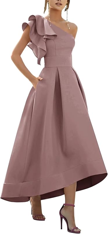 One Shoulder Satin Mother of Bride Dresses 2025 High-Low Ruffle Formal Evening Party Gowns