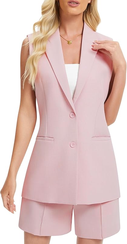Women's 2 Piece Outfits Sleeveless Suit Vest and Shorts Sets Notch Lapel Two Button Business Casual Blazer Sets