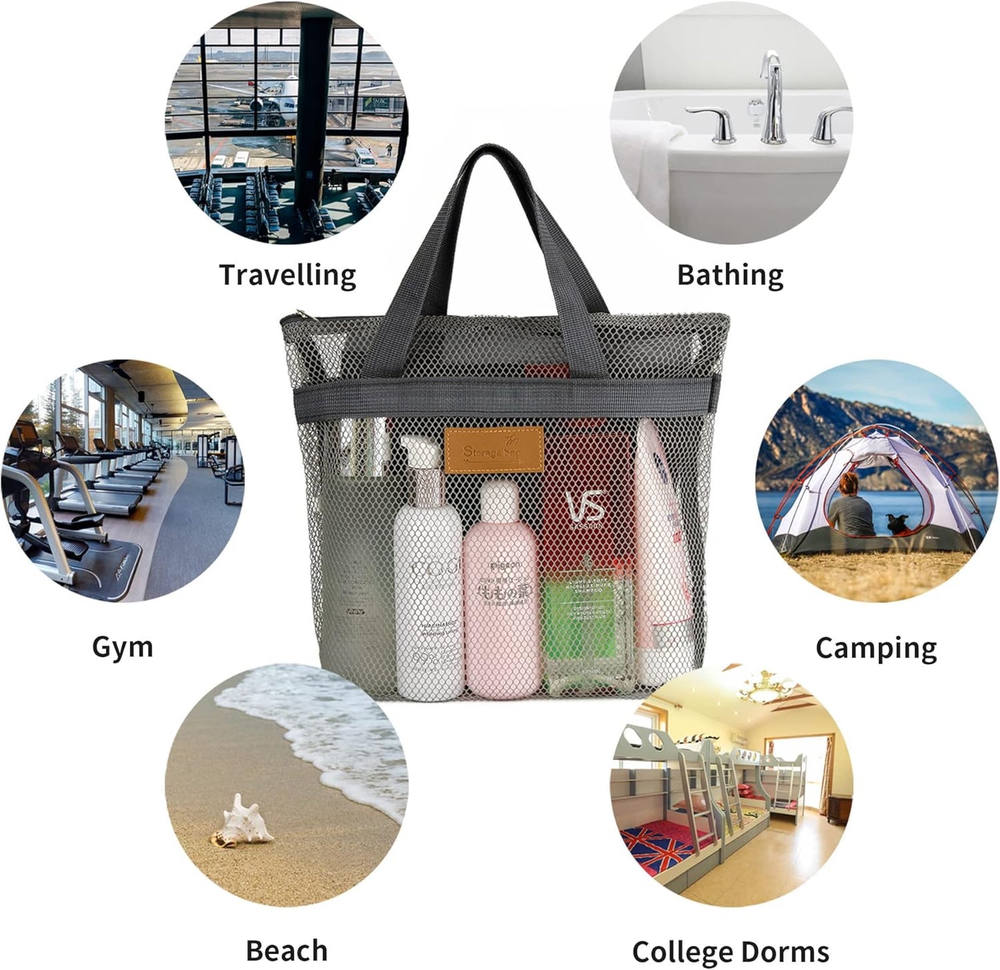 Mesh Shower Caddy Bag Portable Hanging Toiletry and Bath Organizer with Zipper for Travel, Gym, Camping, College Dorms, Beach