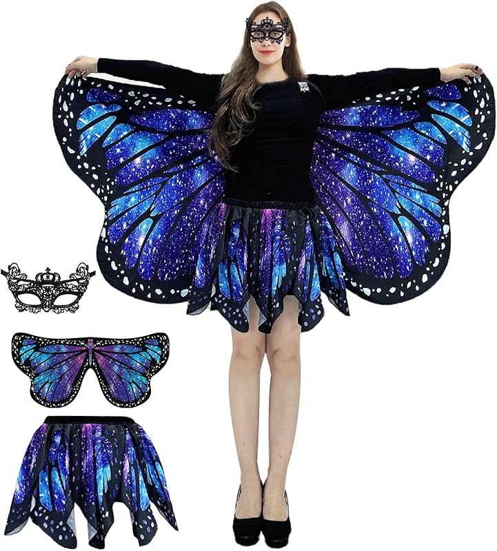 Butterfly Costumes for Women - Double-Sided Printing Butterfly Wings Cape with Skirt for Adults Halloween Costumes
