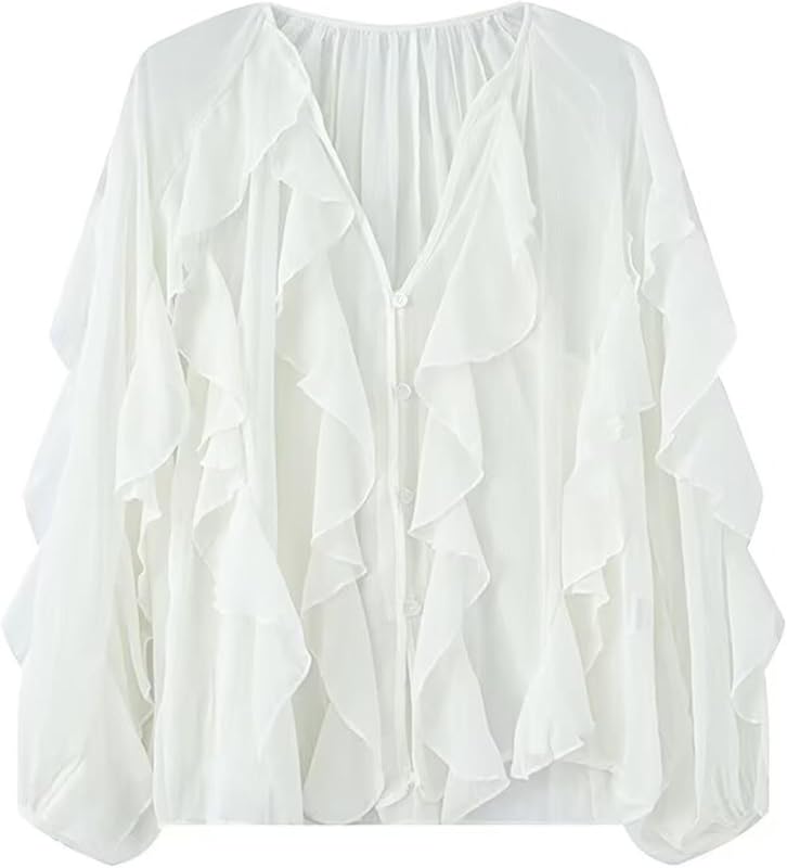 HangNiFang Ruffled Multi-Layered Summer Blouse for Women Trendy Semi See Through V-Neck Long Sleeve Button Chiffon Shirt Tops
