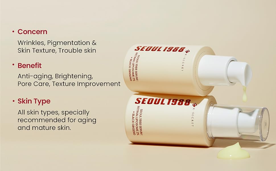 KSECRET SEOUL 1988 Serum : Retinal Liposome 2% + Black Ginseng, 30ml/1.01fl.oz | 58% Black Ginseng Extract | Retinal serum, Bakuchiol, VitaminC&3Peptides for Wrinkle Care | Korean Skincare | seoul1988
