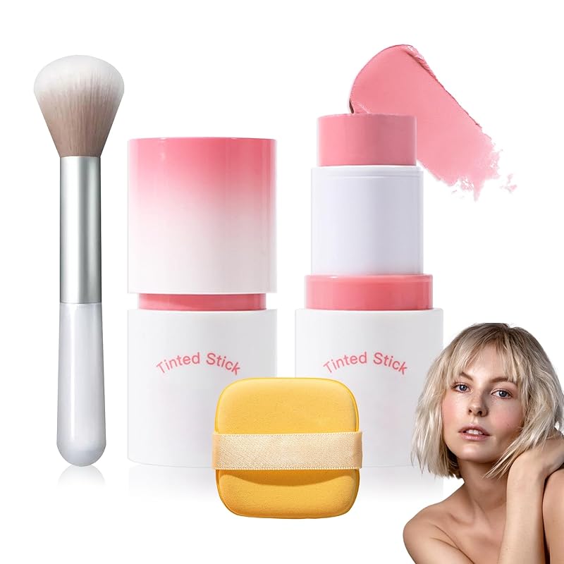 Cream Blush Stick with Brush,Waterproof Multi Cream Makeup Stick,Lightweight,Long-lasting,2 in 1 Multi Blush for Cheeks & Lip Tint & Eyeshadow Makeup(#01 Milk Tea Pink)