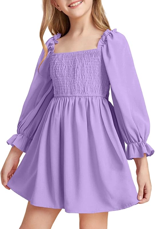 Little Girls Kids Summer Chiffon Ruffle Mini Dress Square Neck Lantern Sleeve Short Dress Tulle Smocked