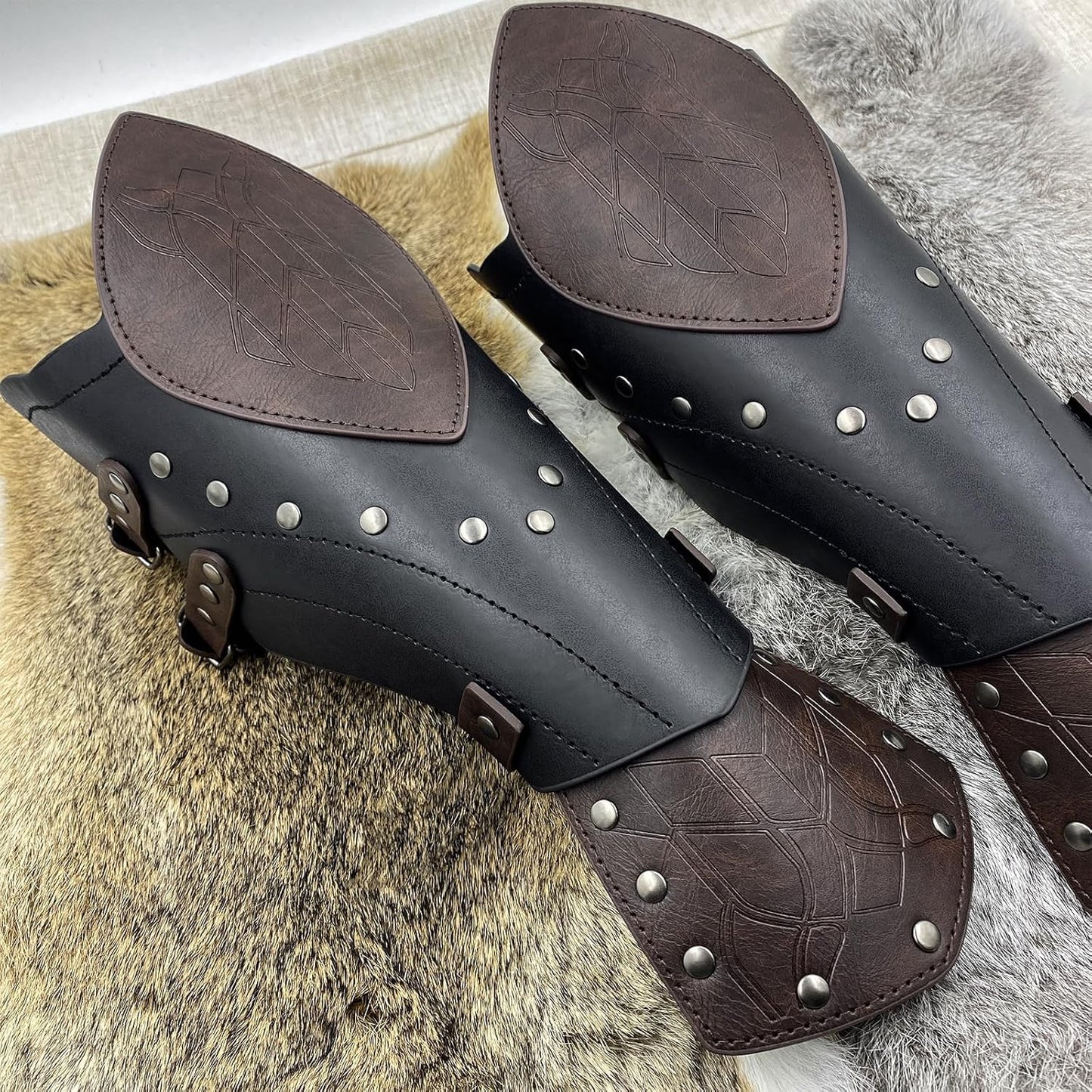 HiiFeuer Medieval Embossed Faux Leather Elf Arm Guards, Fantasy Cosplay Buckle Bracers, Knight Archer Gauntlets for LARP