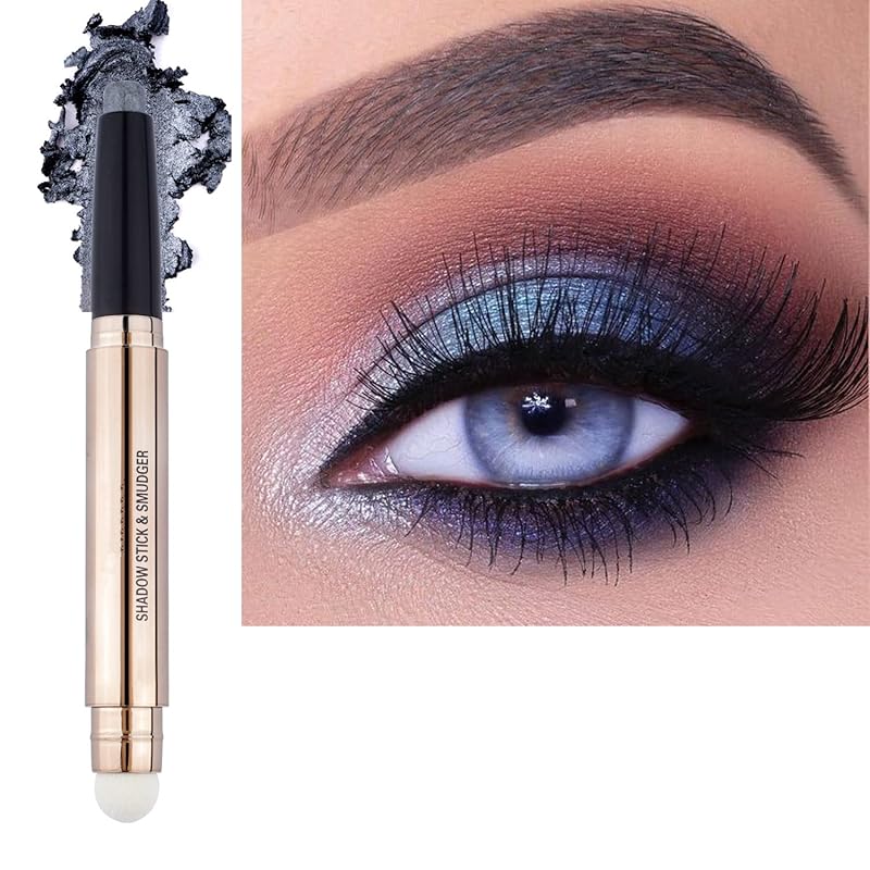 2 in 1 eyeshadow stick and Sponge Makeup Brush, Smooth Cream Shimmer Shadow Pencil Long Lasting Waterproof Eye Shadow Highlighter Stick Makeup , Hypoallergenic Highlighter Multi-Dimensional eyes Look