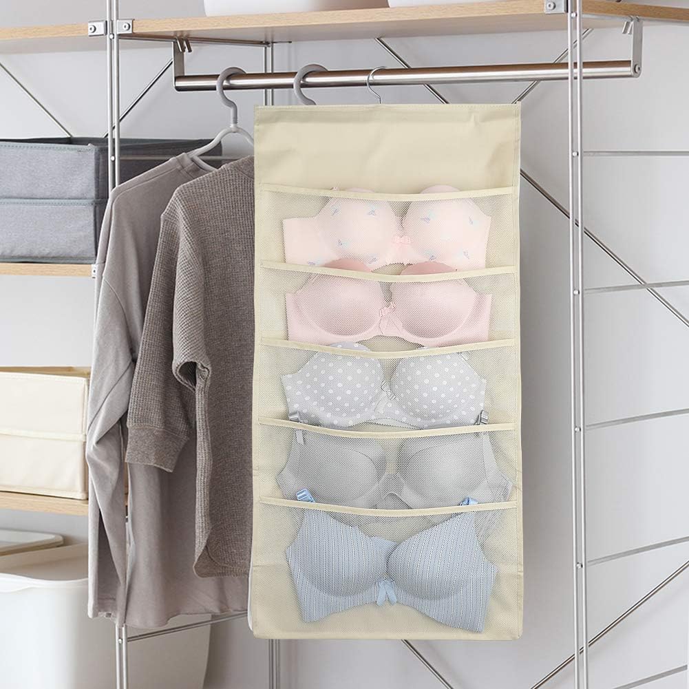 Enlarged Closet Hanging Bra Organizer with Rotating Metal Hanger, Dual Sided Wall Shelf Wardrobe Mesh Pockets Hanging Storage Bag for Bra Socks Underwear Underpants