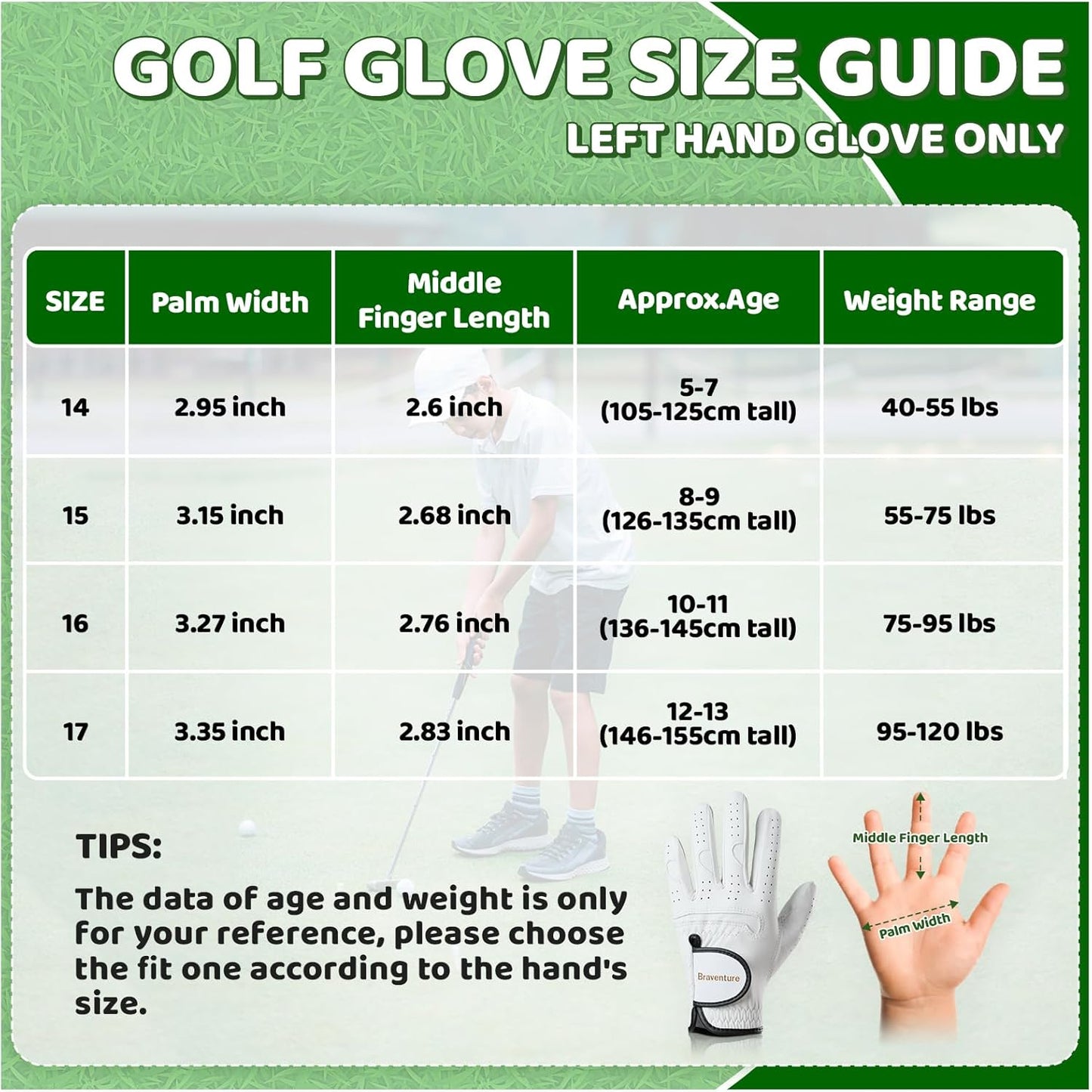 Braventure Kids Golf Glove, Breathable Sheepskin Leather with Good Grip for Right Handed Golfer for Hot and Humid Weather Include Golf Tees & Divot Tool