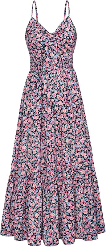 GRACE KARIN Women's 2025 Summer Maxi Dress Floral Tie Front Spaghetti Strap Casual Boho Beach Flowy Sundress with Pockets