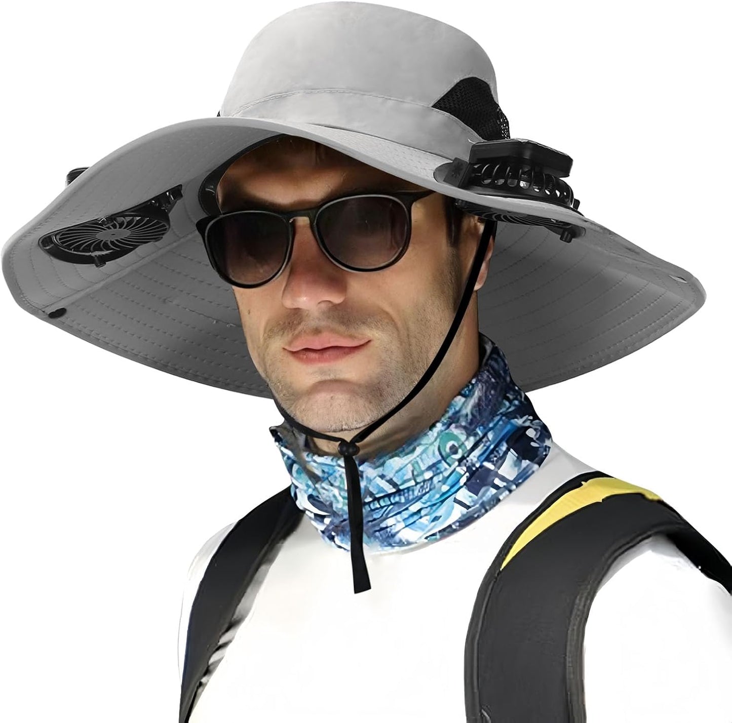 Outdoor Wide Brim Sun Hat with 2 Solar Fan - 2025 Sun Bucket Hat for Men Women, UPF 50+ Bucket Fishing Beach Hat Fan Built in