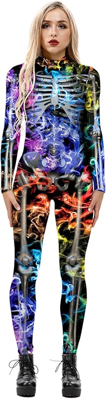 JJEUWE Women's Skeleton Halloween Bodysuit Costume Stretch Skinny Catsuit Jumpsuit
