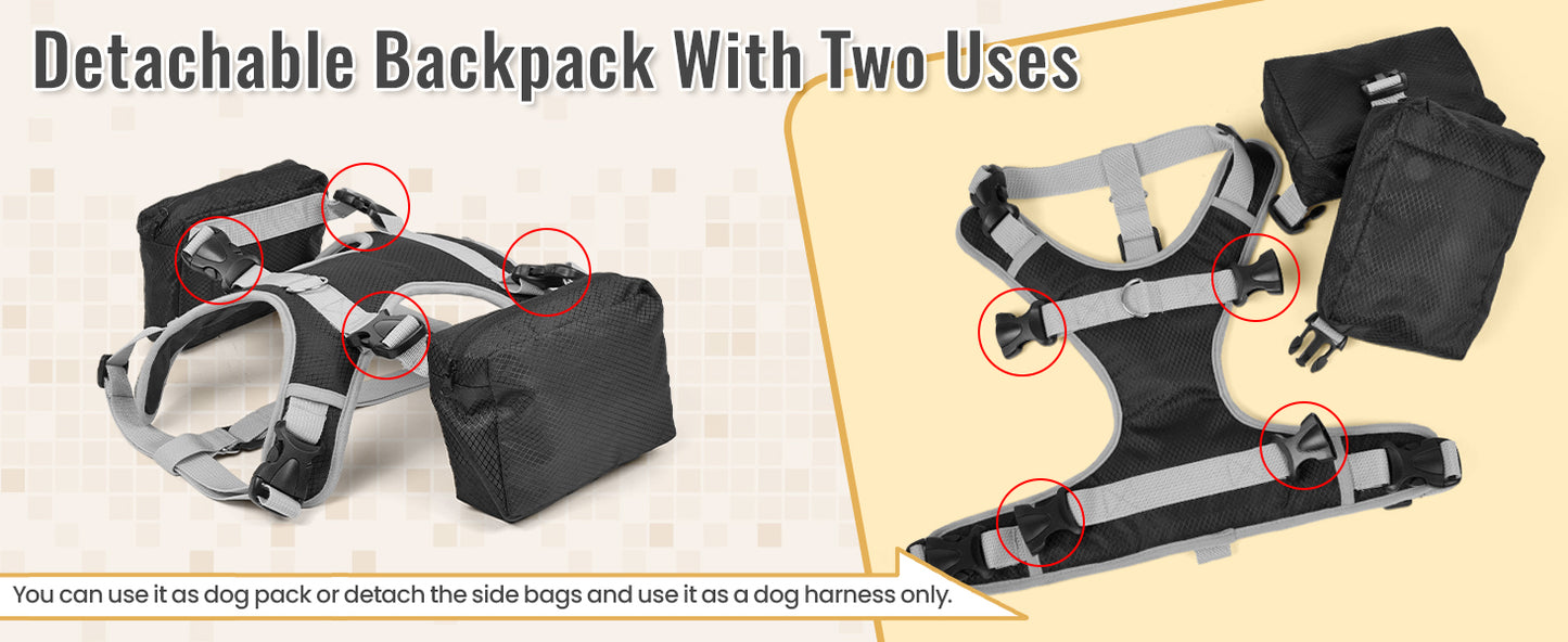 DORA BRIDAL Dog Backpack for Medium & Large Dogs, Dog Backpack Harness, Dogs Hiking Backpack with Side Pockets, Outdoors Pet Saddle for German Shepherd, Labrador (Black, Large)