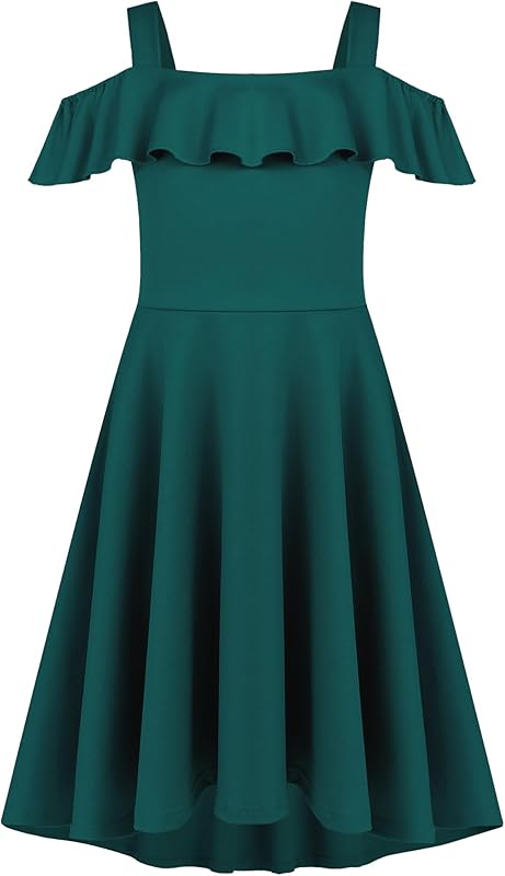 Arshiner Girls Summer Dress Off Shoulder Children's Dress Ruffle Sleeves Elegant Strap Dress Children A Line Swing Dress High Low Dress Casual Dresses with Pocket 4-13Years