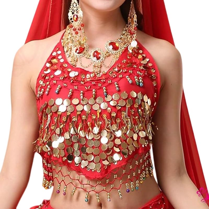 Women's Halter Neck Bra for Belly Dance, Backless Padded Camisole Halter Crop, Sequins Belly Dance Crop Top