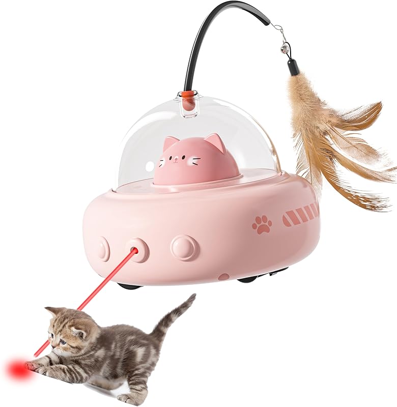 hooroor Laser Cat Toy for Indoor Cats,2 in 1 UFO-Vehicle Automatic Motion with Feather,Rechargeable Electronic Smart Sensor,Interactive Toys for Bored Cats\/Kittens\/Dogs,Ideal Gift for Pet Lover