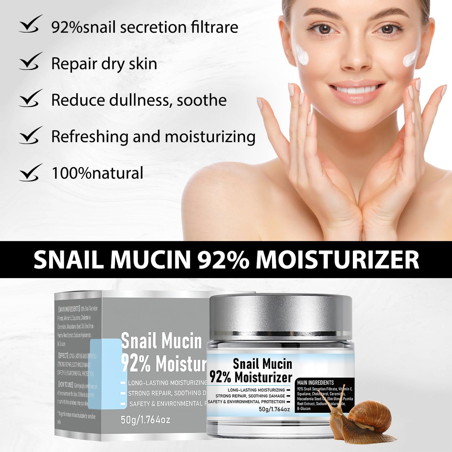 Snail Mucin 92% Moisturizer Daily Face Moisturizer,Hydrating Repair Face Gel Cream, Baba de Caracol Original, Advanced Snail 92 All In One Cream