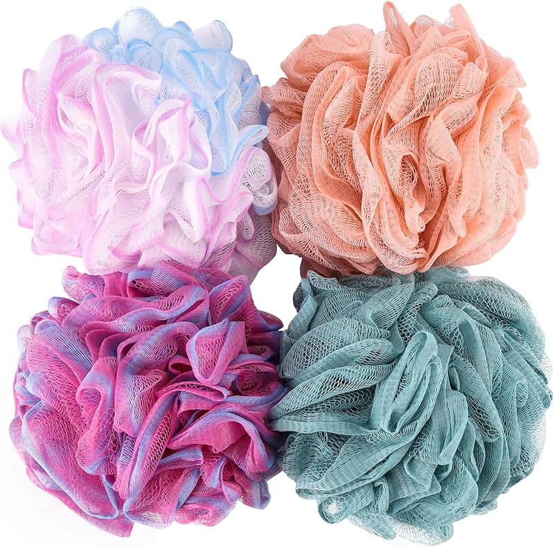 BTYMS 4 Pieces Shower Loofahs Bath Sponges 60g/pcs Mesh Puffs Body Scrub Luffas Bath Scrunchies for Shower Exfoliate