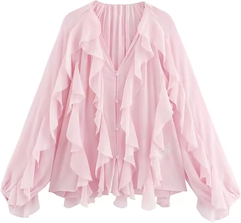 HangNiFang Ruffled Multi-Layered Summer Blouse for Women Trendy Semi See Through V-Neck Long Sleeve Button Chiffon Shirt Tops