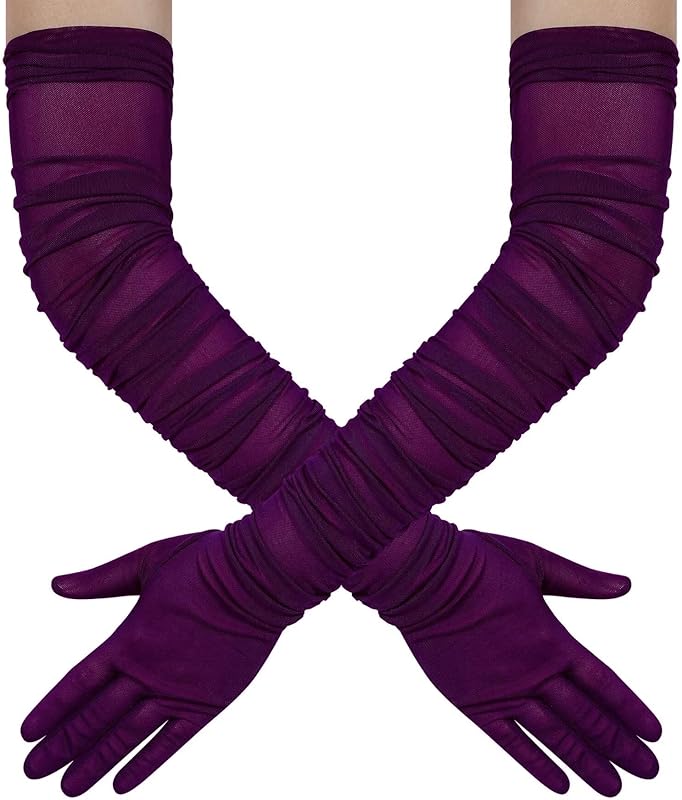 Hazhlko Women's Super Long Stretchy Ruched Mesh Tulle Sheer Gloves Costume Opera Party 1920's Dance Gloves