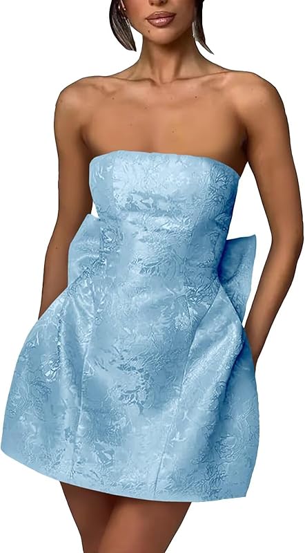Xijun Short Jacquard Satin Homecoming Dresses for Teens Strapless Embroidery Mini Prom Cocktail Party Gown with Bow