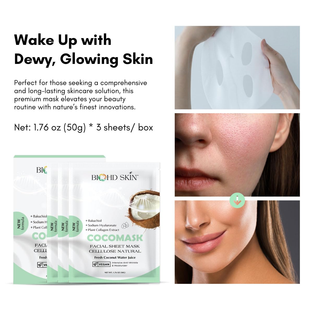 Premium Coconut Bakuchiol Facial Sheet Mask – Plant-Based Retinol Alternative – Hydrating & Anti-Aging True Cellular Mask – 3 Sheets/Box