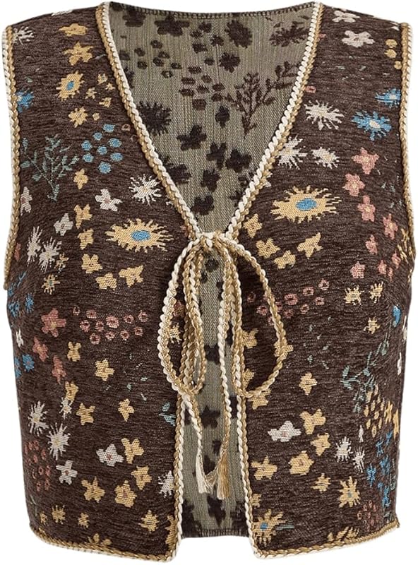 SweatyRocks Women's Floral Print V Neck Vest Tie Front Sleeveless Boho Vests Tops
