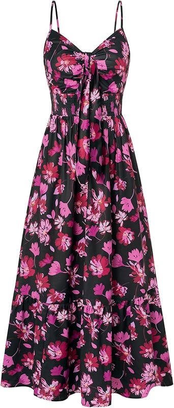 GRACE KARIN Women's 2025 Summer Maxi Dress Floral Tie Front Spaghetti Strap Casual Boho Beach Flowy Sundress with Pockets
