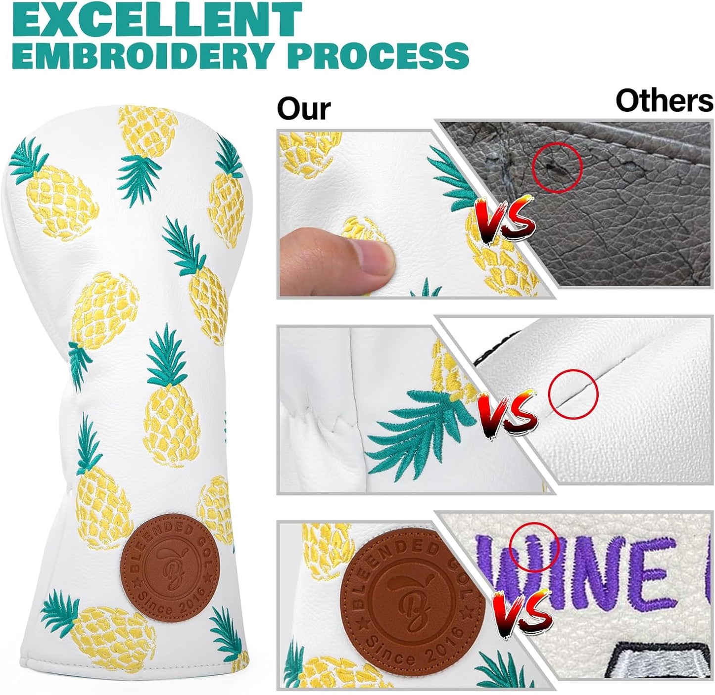 Golf Club Covers Pineapple Embroidery Driver Headcover Fariway Wood Headcover Hybrid Cover Leather Golf Head Cover for Most Brand