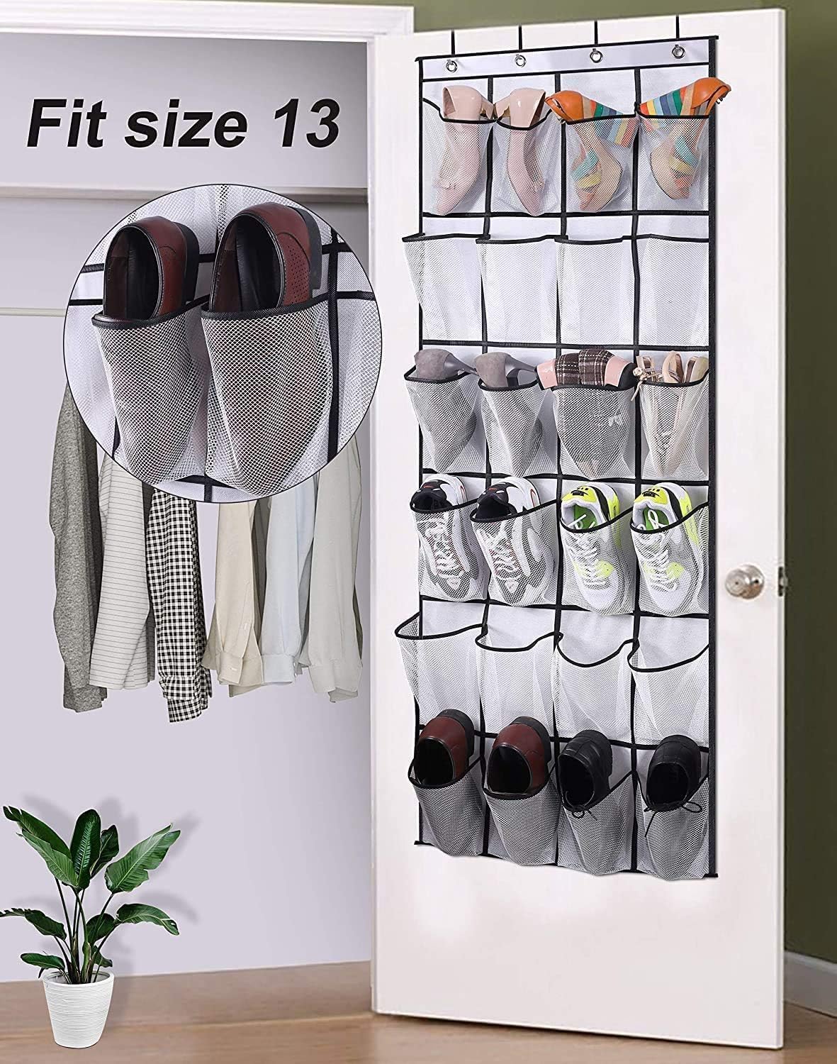 MISSLO Over The Door Shoe Organizer 24 Large Mesh Pockets, White