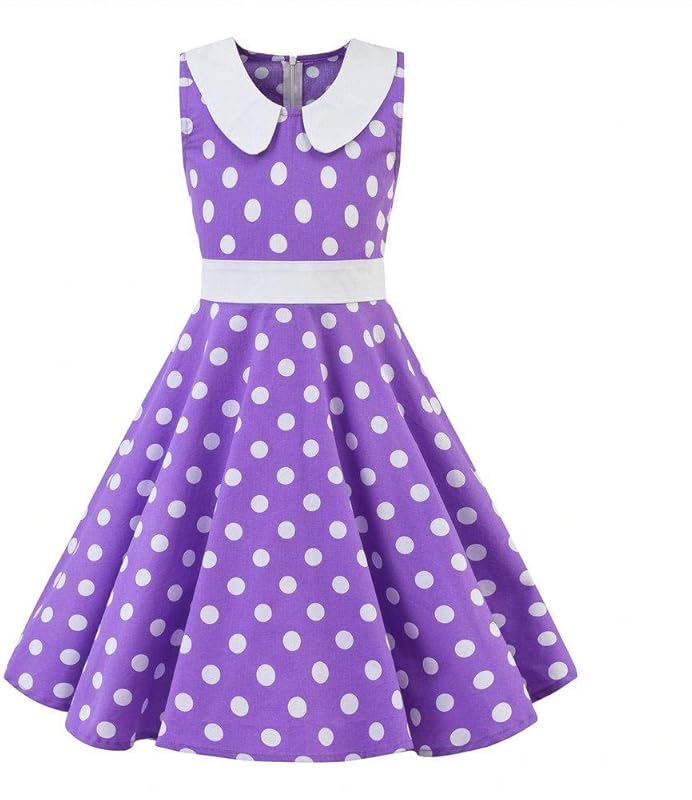Kids Girls 50s Audrey Vintage Polka Dot Swing Party Rockabilly Dress Retro Peter Pan Doll Collar Wedding Casual Skater Dress