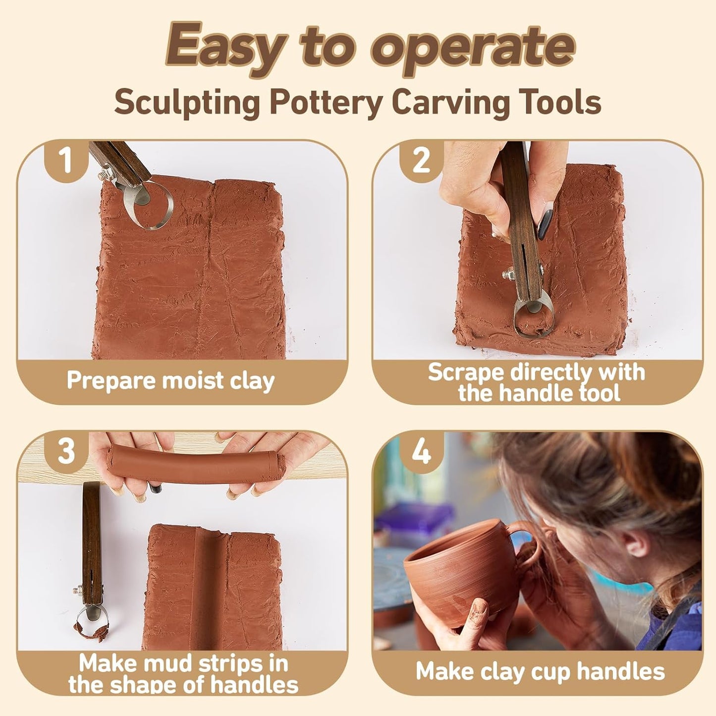 Therwen 2 Pcs Sculpture Scraper Pottery Carving Tool Pottery Cup Handle Shape Clay Extruder Tool Teacup Mug Handgrip Clay Cutters with Wooden Handle for Ceramic Sculpture Craft(Classic Style)