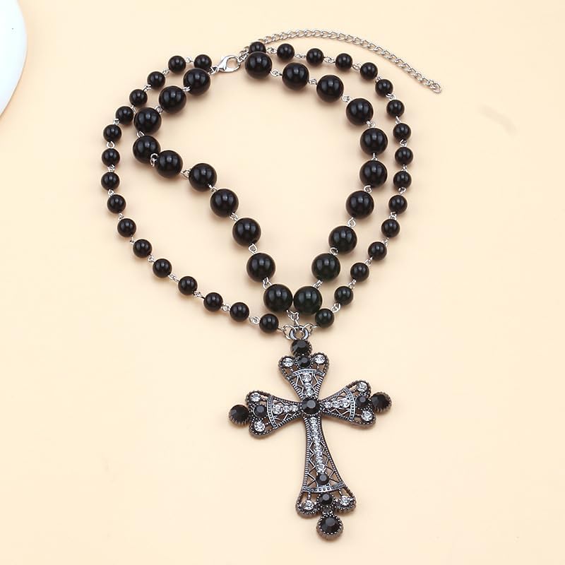 Gothic Cross Necklaces Layered Pearl Beads Cross Pendant Necklaces Punk Vintage Cross Chain Necklace Chunky Cross Necklace Gothic Jewelry for Women