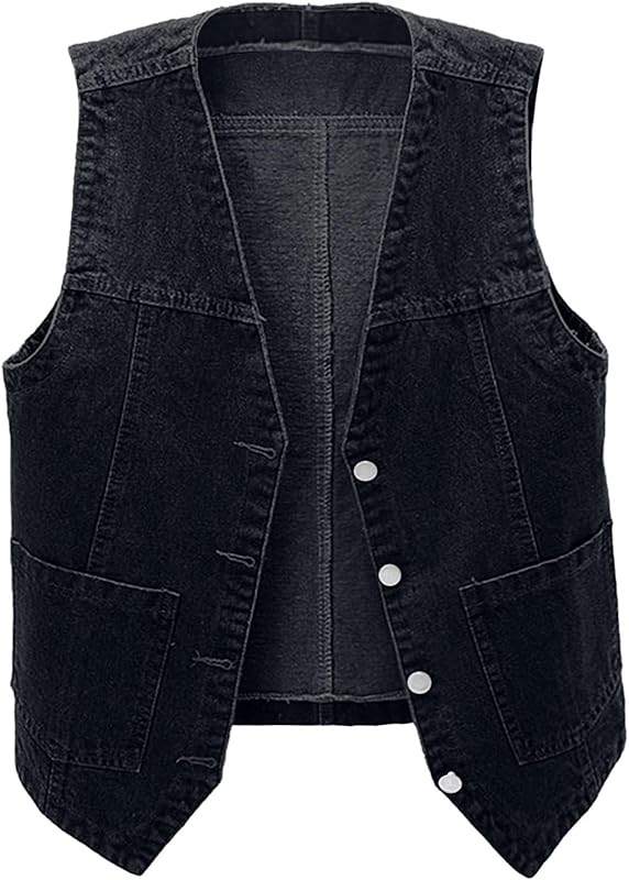 Womens Sleeveless Denim Vest V Neck Button Down Jean Waistcoat Y2K Casual Trendy Loose Fit Lightweight Jackets with Pockets