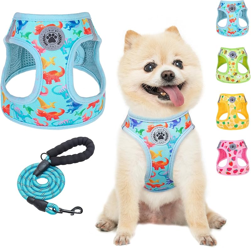 BEAUTYZOO Plaid Dog Harness and Leash Set for XS S Pets, Step-in No Choke No Pull Soft Mesh Vest Harness, Reflective for Extra-Small/Small Medium Puppy Dogs and Cats, Beige S
