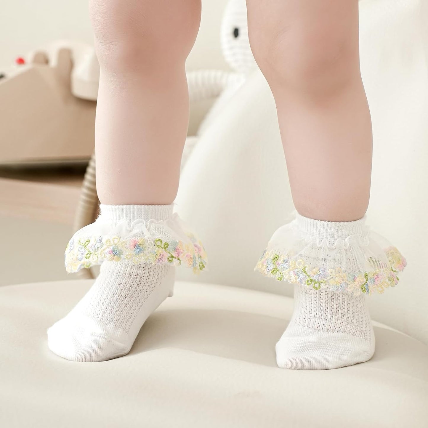 Looching Baby Infant Cute Lace Ankle Socks with Embroidered Flowers Toddler Eyelet Floral Socks 4 Pack