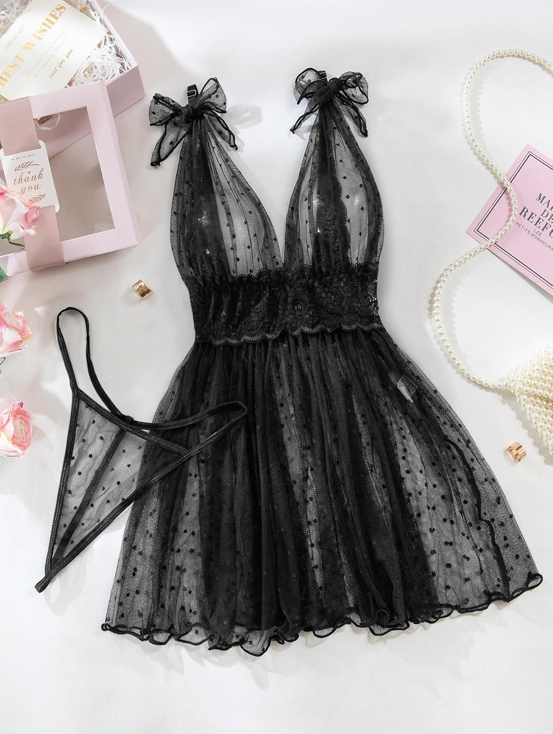 Lilosy Sexy Polka Dots Mesh Sheer Lace Babydoll Chemise Lingerie Set Floral Lace Sleep Wear