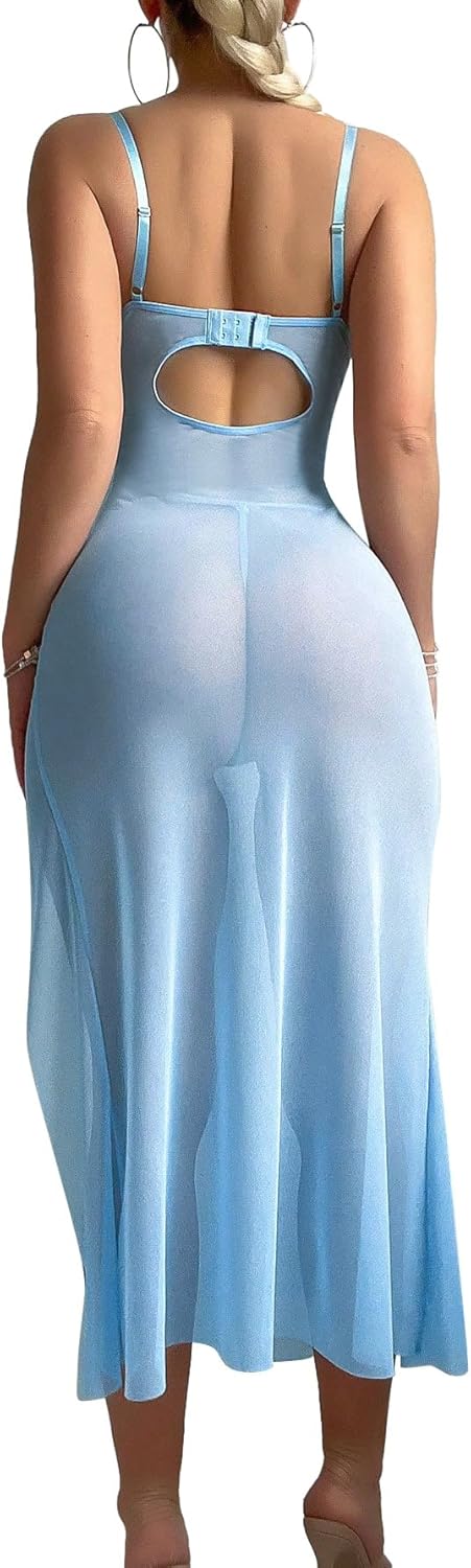 Sexy Butterfly Split Leg Underwire Sheer Mesh Maxi Lingerie Dress with Thong 2 Piece Set