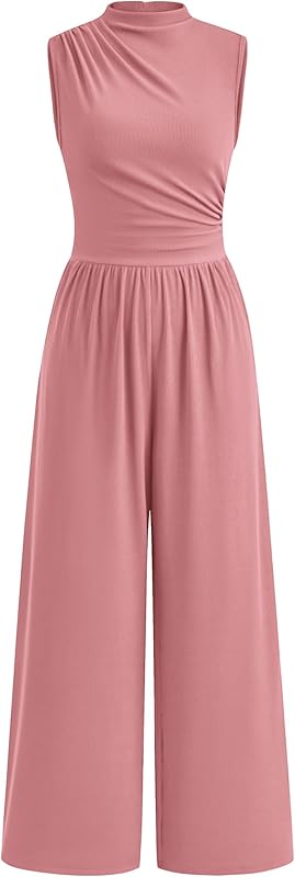 PRETTYGARDEN Womens Summer Jumpsuits Dressy Casual One Piece Outfits Sleeveless Mock Neck Wide Leg Pants Rompers with Pockets