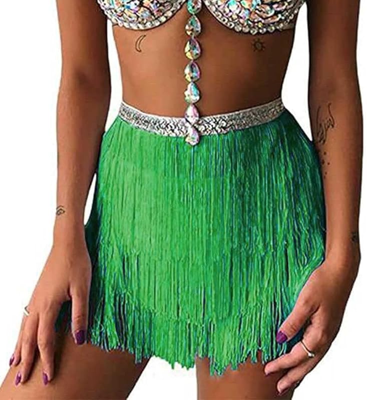 Women Belly Dance Skirt Tassel Fringe Skirts Sparkly Sequin Hip Scarf Party Costume
