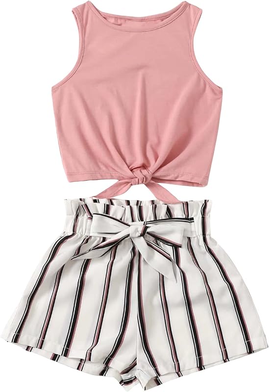 OYOANGLE Girl's 2 Piece Outfits Summer Tie Knot Tank Top and Paperbag Waist Striped Shorts Set